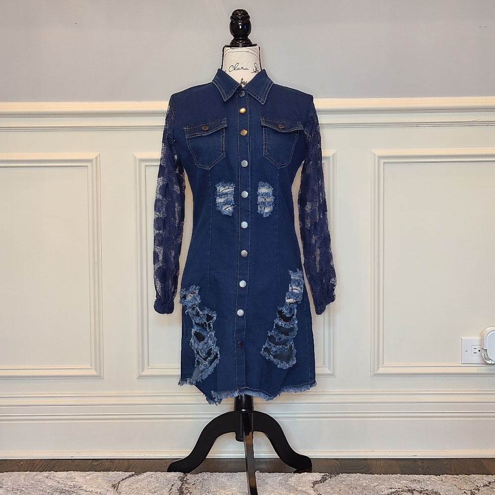 Vicky and Lucas distress denim button-down dress with fabric mesh sleeves
